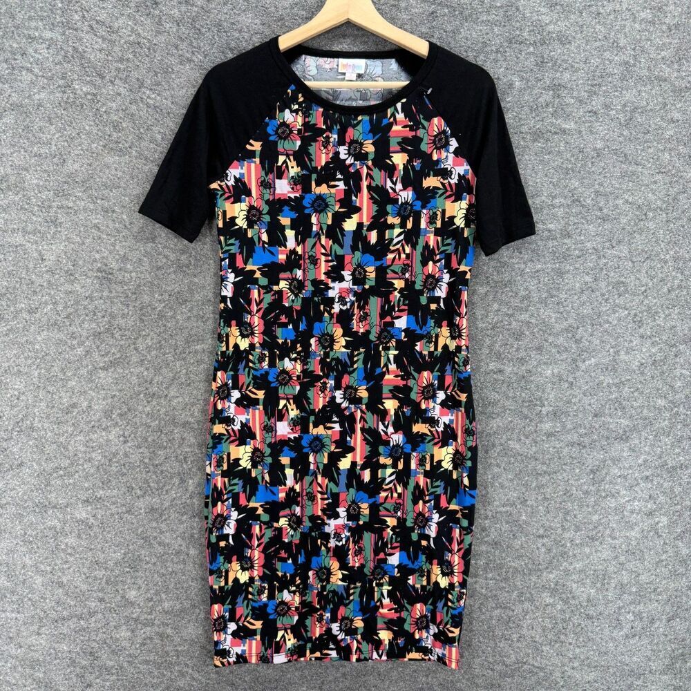 LulaRoe Dress Women S Small Black Floral Shift Midi Crew Neck Short Sleeve
